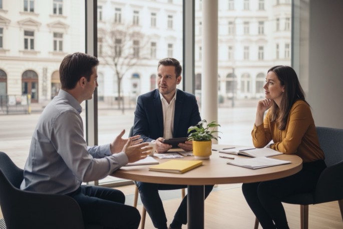 Zukunftssicherung-Team-bei-Besprechung-in-Cafe-in-Wien