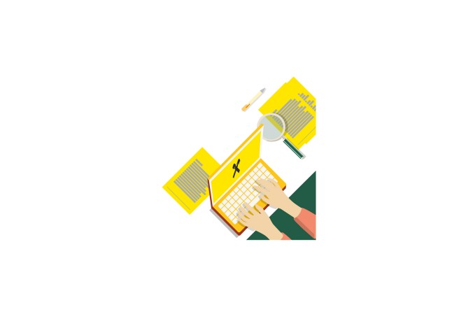 Flat-Design-Illustration, die Hände beim Tippen auf einem Laptop mit gelber Tastatur zeigt. Die Szene umfasst einen Arbeitsplatz mit Notizbuch, Stift und einer Kaffeetasse. Die Visuals sind hell und verwenden eine gelb-grüne Farbpalette, was eine moderne und kreative Stimmung erzeugt.