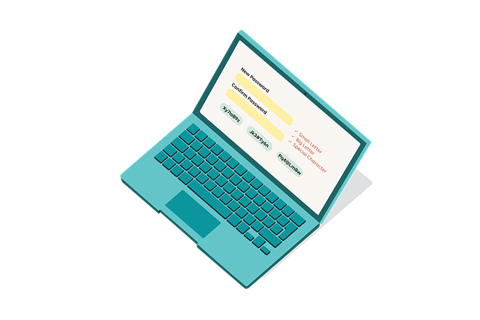 Eine digitale Illustration eines türkisfarbenen Laptops mit Anmeldebildschirm. Der Bildschirm zeigt Felder zur Eingabe von Benutzername und Passwort sowie die Schaltflächen „Absenden“ und „Zurücksetzen“. Eine rote Fehlermeldung mit dem Hinweis „Noch 2 Versuche“ ist sichtbar. Der Hintergrund ist schlicht und minimalistisch gehalten, um den Laptop und seinen Bildschirm hervorzuheben.